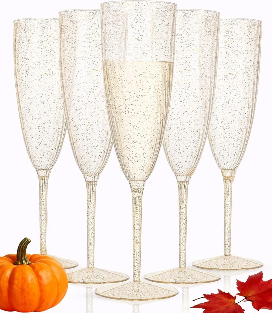 WDF 36-Pack Plastic Champagne Flutes - Gold Glitter Champagne Glasses Disposable - Perfect for Thanksgiving, Weddings, Birthday, Bridal Showers