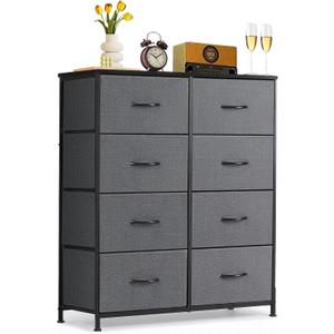8-Drawer Dresser for Bedroom, Anti-Tip Tall Storage Organizer Chest of Drawers with Wooden Top and Metal Frame Fabric Bins for Closet, Living Room, Hallway, Entryway, Gray, 11.8"D x 31.4"W x 36.3"H