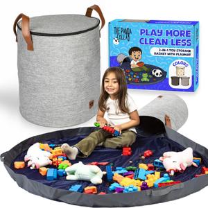 Toy Storage Basket and Playmat - Large Toy Blanket Storage Mat with Zippers - Slide Away Canvas Bag Storage Bin - Sturdy Kids Storage Baskets & Mat - Toy Bag Play Mat for Girls & Boys, Light Grey