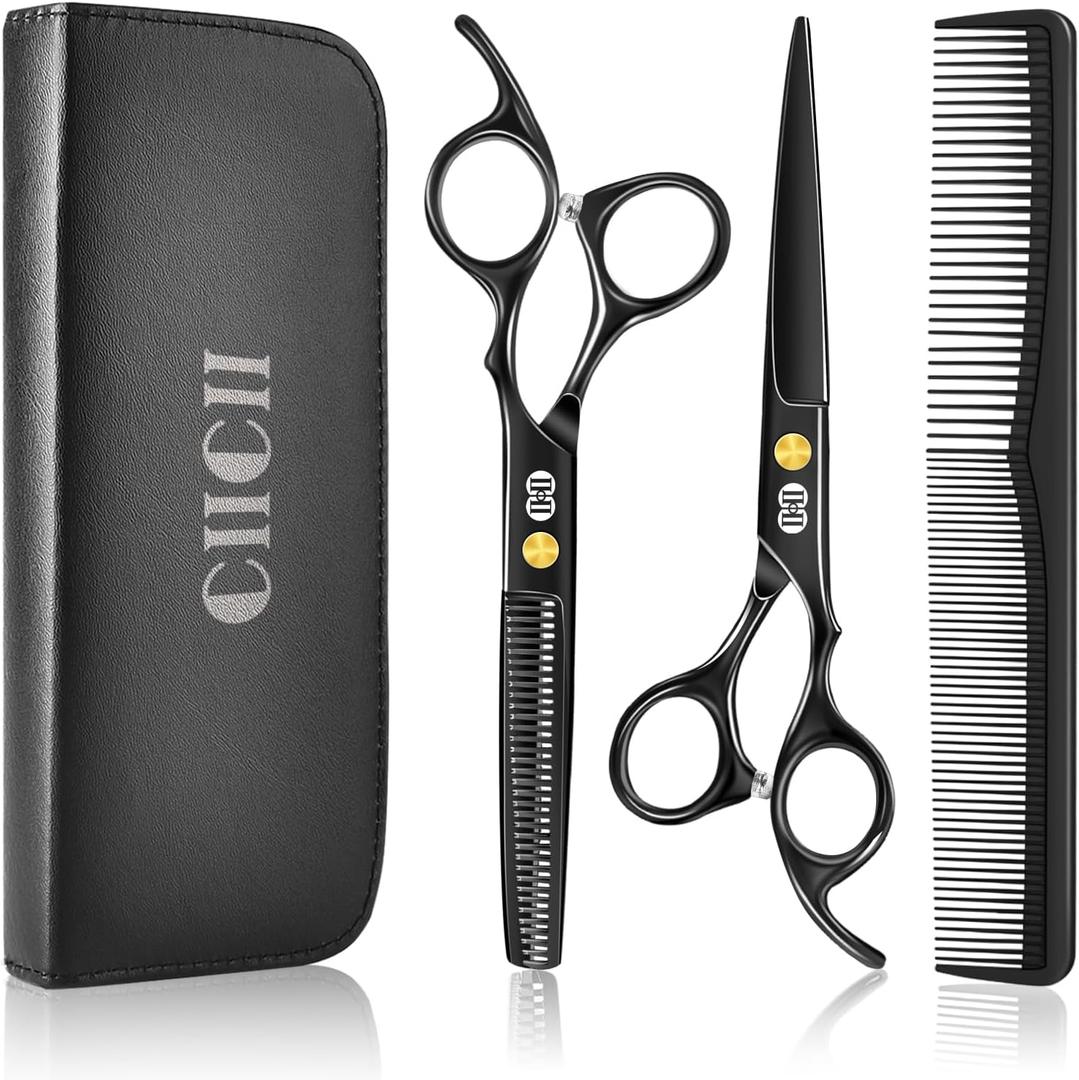 CIICII Hair Cutting Scissors Shears Kit, Professional Barber Haircut Scissors Set (6.7 Inch Hair Beard Hairdressing Trimming Haircutting Thinning Shears) for Men Women Hairdresser Home Salon (Black)