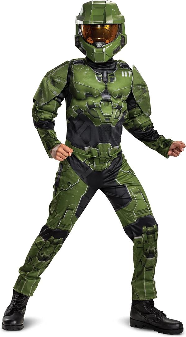 Halo Infinite Master Chief Costume, Kids Size Muscle Padded Video Game Inspired Character Jumpsuit (Medium (7-8))