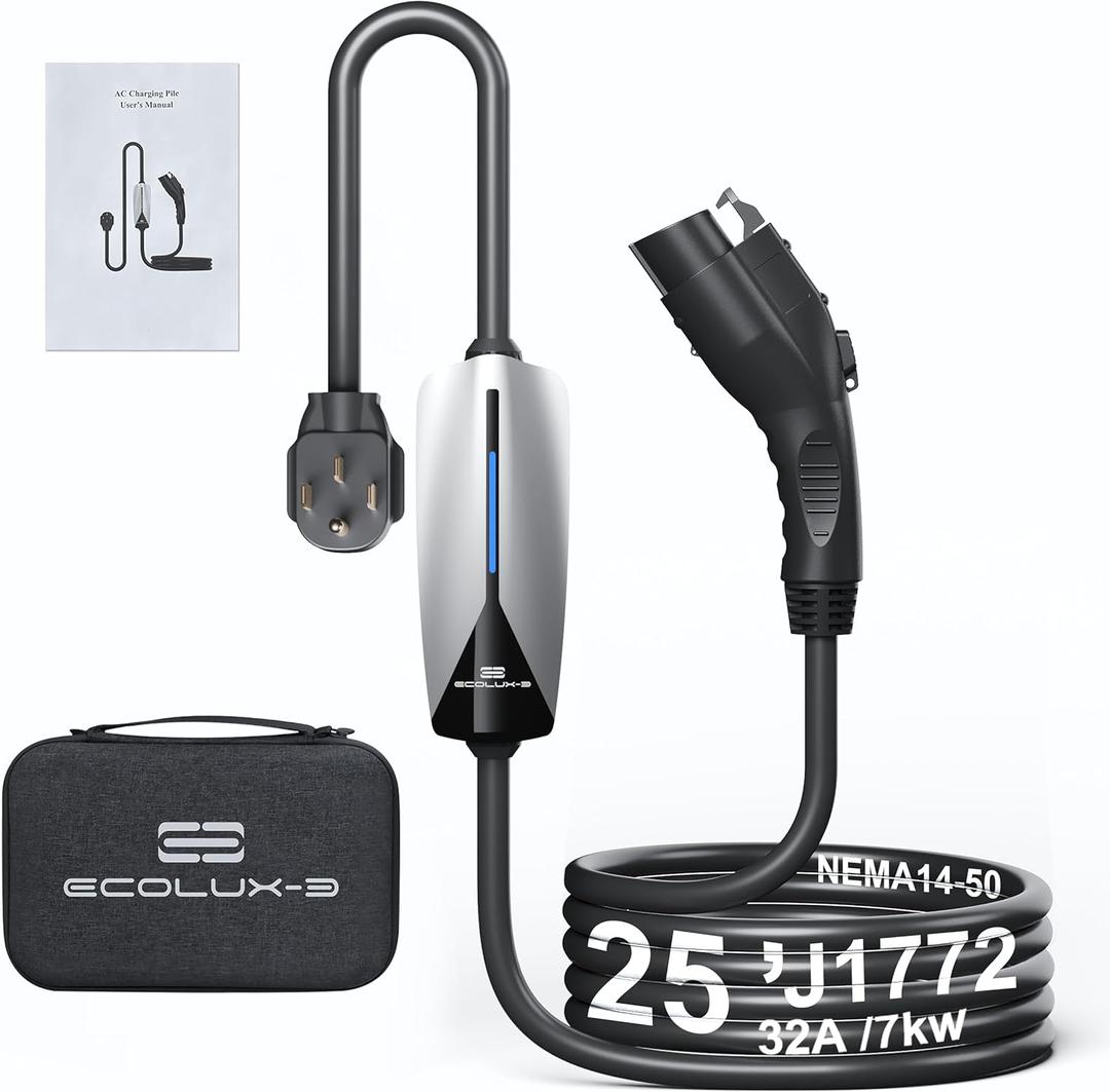 Level 2 EV Charger FCC Certified 32Amp 220V-240V EVSE NEMA 14-50 Plug J1772 Charger, 25ft Cable Portable Electric Car Charger Compatible for Home Travel, Electric Vehicle Charging Stations Plug-Play