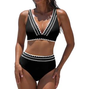 popvil High Waisted Bikini Set for Women Two Piece Tummy Control Swimsuit Color Block Bathing Suit Beach Vacation 2026 (M)