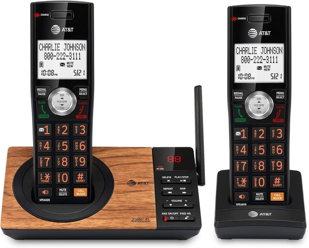 AT&T CL82267 DECT 6.0 2-Handset Cordless Phone for Home with Answering Machine, Call Blocking, Caller ID Announcer, Intercom and Long Range, Black & Wood Grain Finish