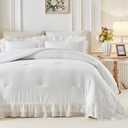 Queen Size Comforter Set White, 3pcs Lace Ruffled Bedding Comforter Set, Microfiber Vintage Boho Chic Bedding Set for All Season- 88x88 inches