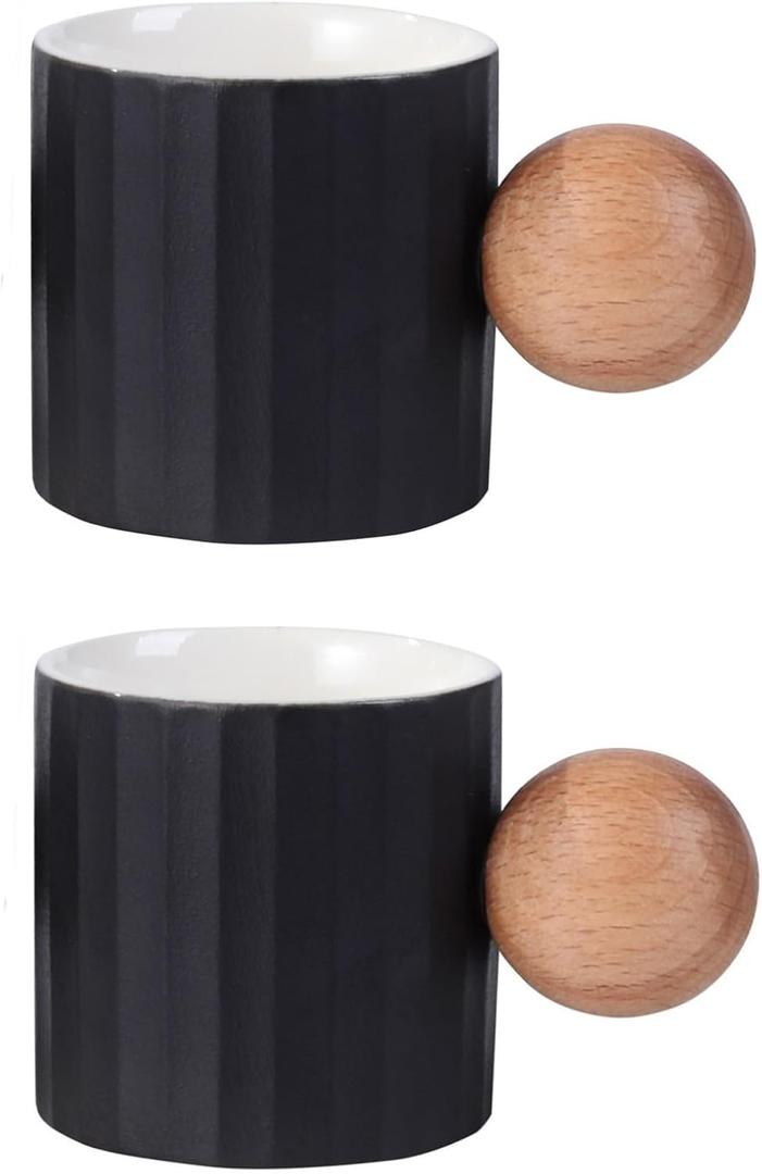 2 x Ceramic Espresso Cups Set of 2, 2 oz Mini Espresso Cups, Round Wooden Handle Stripes Demitasse Cups for Tea or Coffee (2, Black)