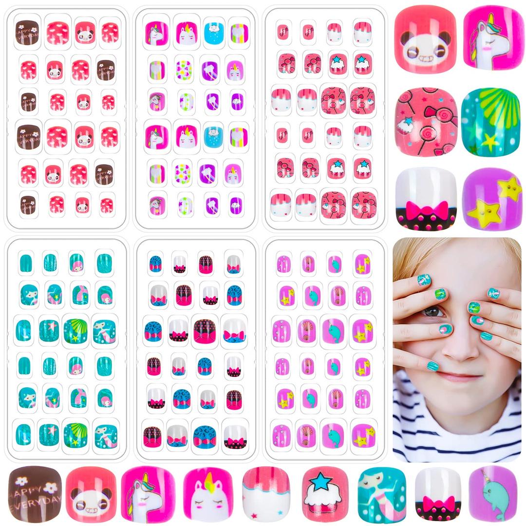 144 Pieces Fake Nails for Kids Girls Artificial Kids Press on Nails Full Cover Short Acrylic Stick On Nails False Nail Tips Kit for Children Little Girls Nail Art Decoration (Cute Animal)