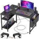 TIQLAB Gaming Desk with Power Outlets - 40 inch L Shaped Computer Desk, Reversible Design Small Corner Desk, Bookshelf Workstation for Work Study Play Home Office, Black