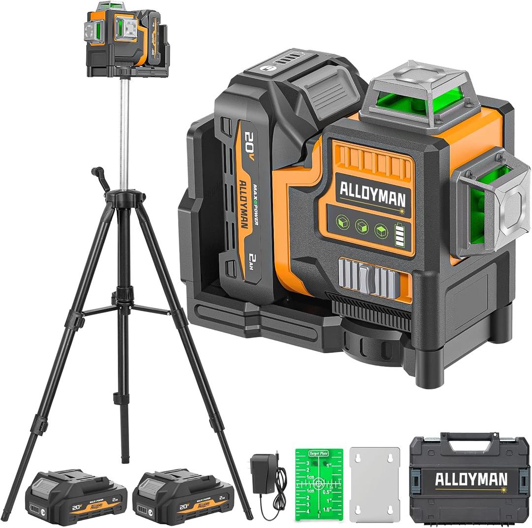 Alloyman Max 20V Laser Level with Tripod, 3x360 Self-Leveling Laser level, 3D Lazer Leveler Tool for Construction, Picture Hanging with Strong Magnetic Bracket & Hard Carry Case (Orange)