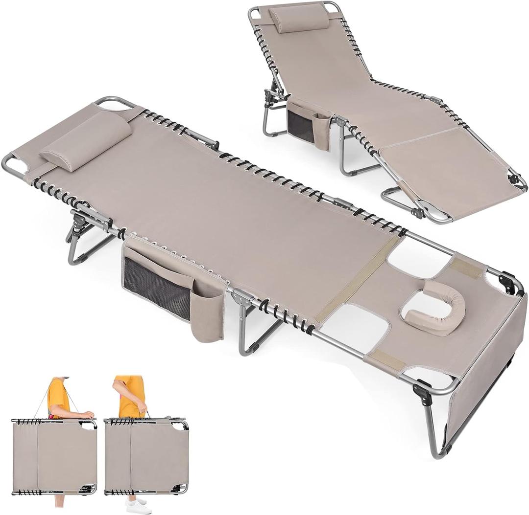 Heavy Duty Tanning Chair with Face Hole Adjustable 5-Position Folding Chaise Lounge Chairs for Outside Portable Lay Flat Beach Lounge Chair for Outdoor Sunbathing Patio Pool Lawn Camping Deck Poolside (Standard_beige_1pack)