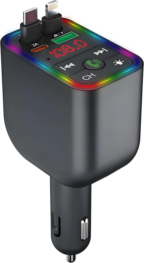 Retractable 120W Fast Car Charger for iPhone with Type C Cables, Bluetooth FM Transmitter Car Adapter Handsfree Call Audio Receiver Radio Transmitter MP3 Player LED Backlit Support USB (Y3)