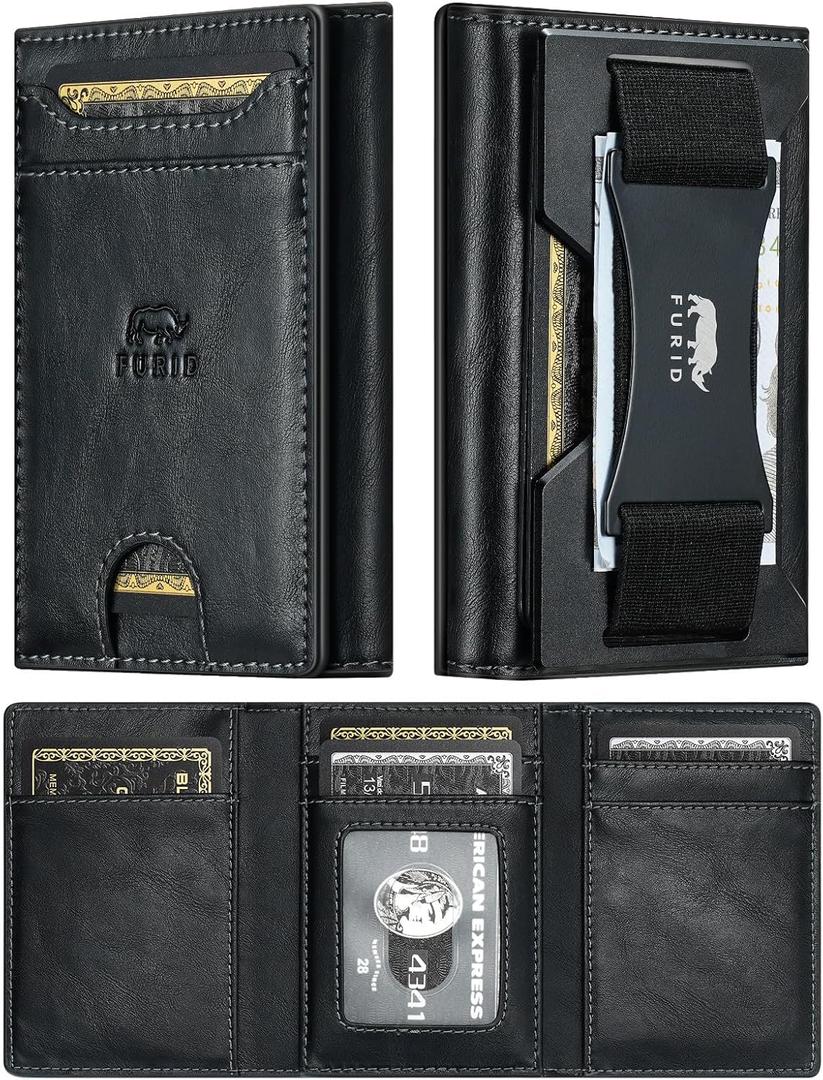 furid Leather Trifold Wallet for Men Slim: Rfid Thin Front Pocket Credit Card Holder - Minimalist Wallets with Metal Plates and Cash Band - Gift for Men Husband Father at Anniversay Brithday (Black)