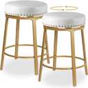 White & Gold Bar Stools Set of 2 Counter Height 24 Inches Swivel Bar Stools for Kitchen Counter Island Backless Modern Gold Barstools Upholstered Faux Leather Round Counter Stools, Off White+Gold