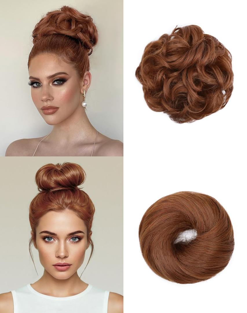 2PCS Messy Bun Hair Piece-Large Wavy Curly & Donut Updo Hair Pieces Set, Scrunchies Synthetic Chignon Ponytail Extensions Thick Updo for Women(Auburn)