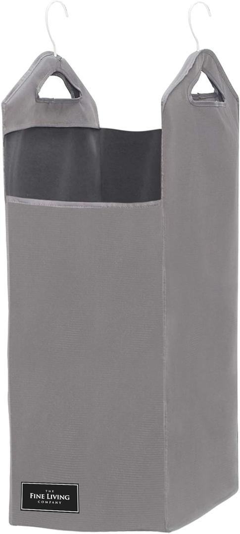 The Fine Living Co. Hanging Laundry Hamper Bag, Heavy Duty, Space Saving Closet Hamper Organizer with 2 Strong Metal Hangers (Gray)