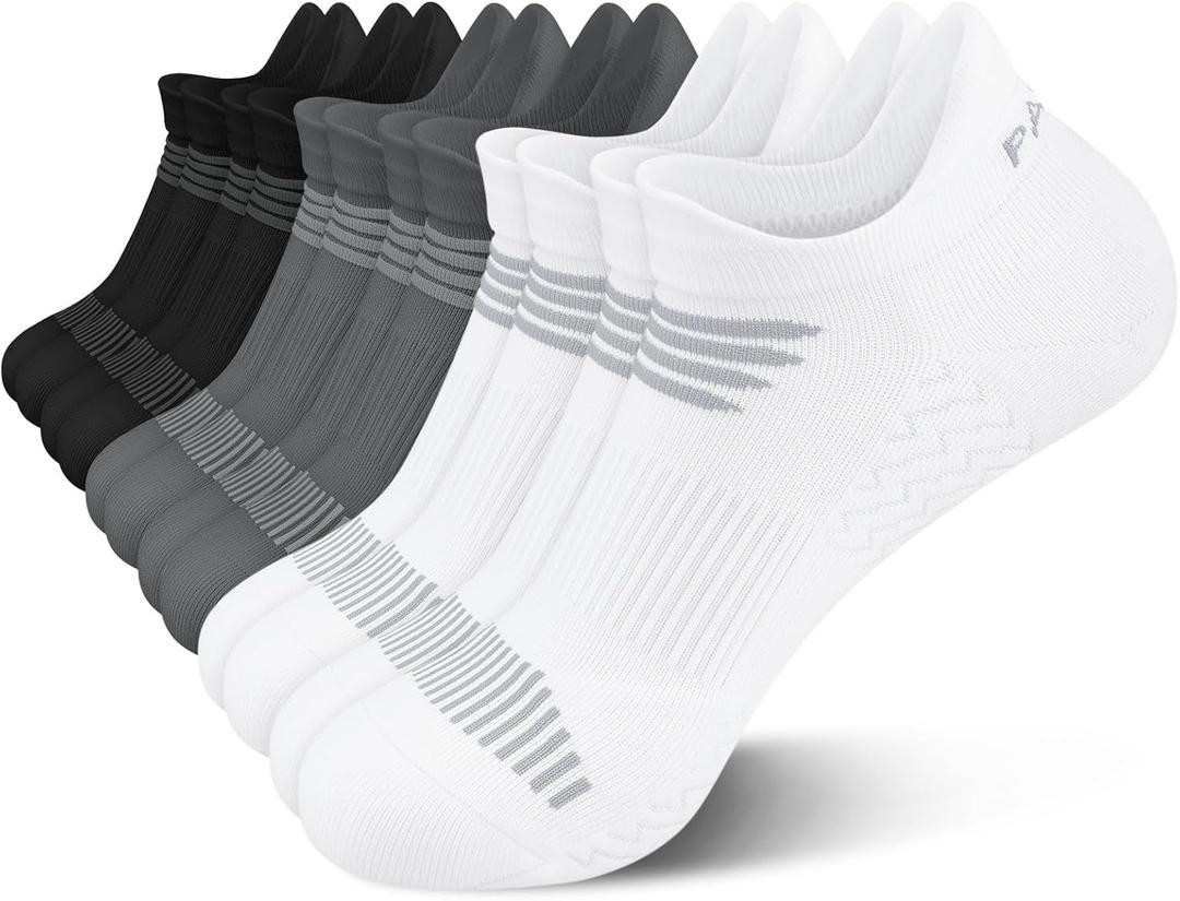 PAPLUS Running Socks Womens 6 Pairs - Athletic Ankle Socks with Arch Support, Comfort Anti-Blister Cushioned (4-6.5, 2black+2white+2gray)