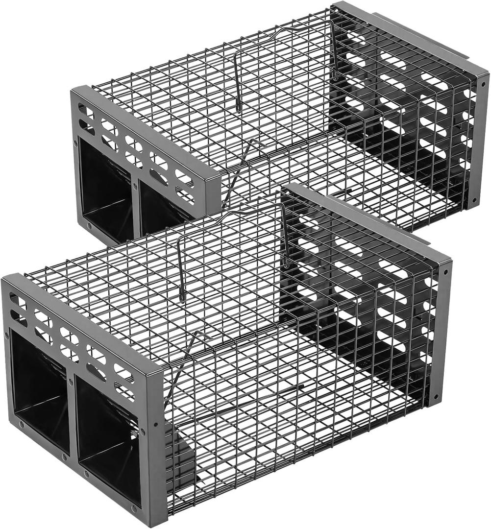 Rat Trap, Humane Live Rat Trap & Automatic Reset Mouse Traps with Dual One-Way Door Design Catch and Release for Mice, Chipmunks, Hamsters, and Other Rodents, Indoors & Outdoors(2PCS Black)