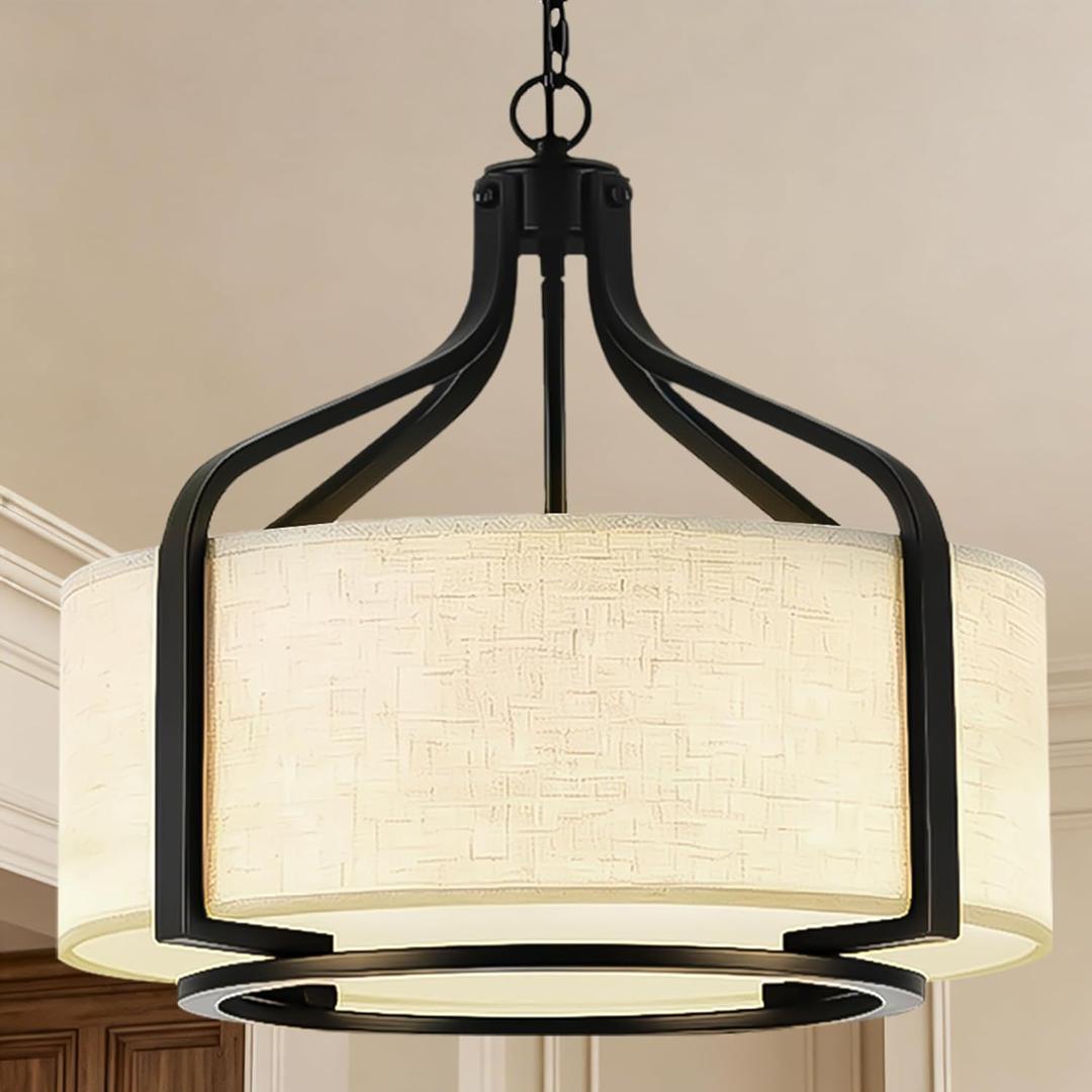 VESPERIX 18" Linen Drum Chandelier, 4-Light Modern Farmhouse Ceiling Light Fixture, Fabric Shade with Acrylic Diffuser, Adjustable Hanging Light for Dining Room, Kitchen, Bedroom
