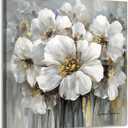 Living Room Flower Picture Wall Art White Floral Painting with Gold on Canvas for Gray Bedroom Decor 30" x 30"