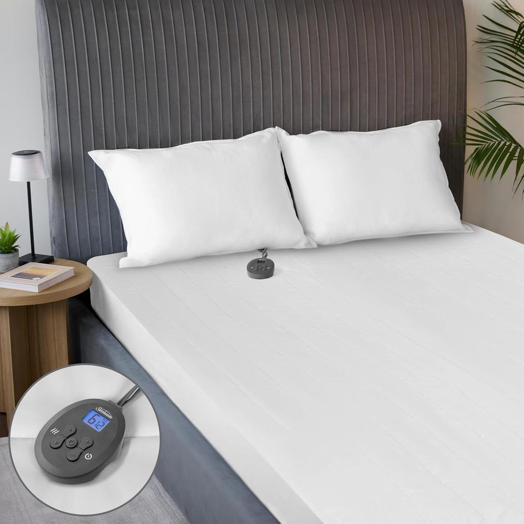 Sunbeam Electric Restful Quilted Heated Mattress Pad Twin 75" x 39" 12 Heat Settings 12-Hour Auto Shut-Off Extra-Cozy Fabric Deep Pocket Fit Machine Washable (White Quilted Vertical)