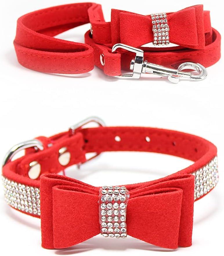 Dazzling Rhinestone Dog Collar with Soft Fabric and Crystal Bow Tie - Elegant and Glamorous Puppy Collars for Small Dogs with Leash in Red, XXS