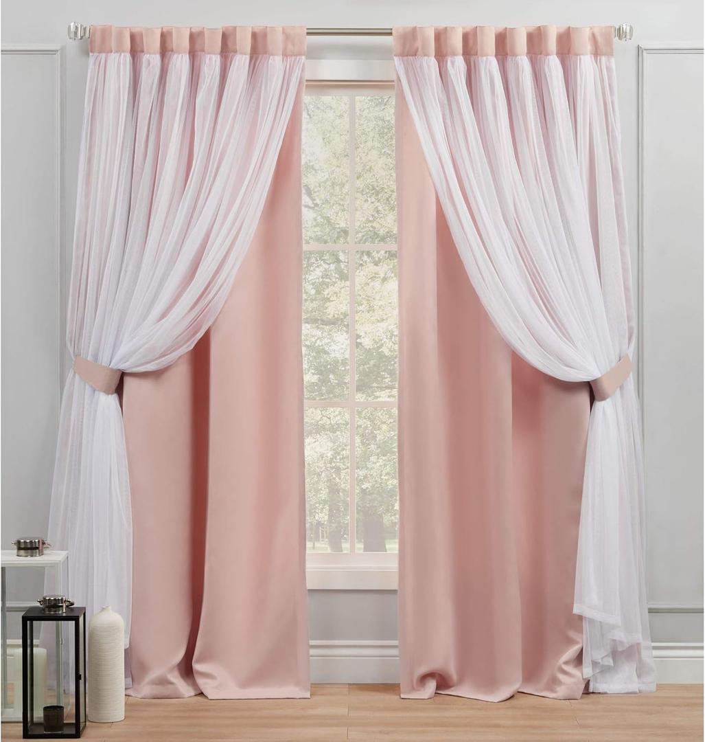 Exclusive Home Catarina Layered Solid Room Darkening Blackout and Sheer Hidden Tab/ Rod Pocket Top Curtain Panel Pair, 52"x84", Rose Blush, Set of 2