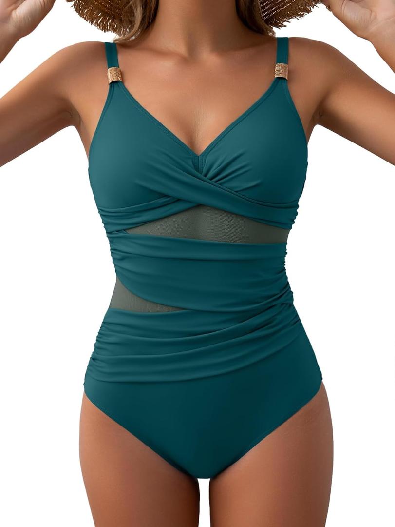 Women's Mesh One Piece Swimsuits Tummy Control V Neck Bathing Suit Sexy Push Up Swim Suit Slimming Swimwear (Medium, Teal Green)