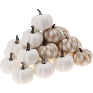 Woration 20 Pack Small Artificial Lifelike Pumpkin Fake White & Beige Plaid Fabric Mini Pumpkins for Home Fall Harvest Decor Thanksgiving & Halloween Decoration