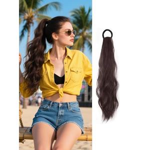 WZNBBOY 2PCS Curly Ponytail Extension with Elastic Tie 17 Inch Resistant Synthetic Natural Wavy Hairpiece Pony Tail Hair Extensions Wave Fake Ponytail Hairpieces for Women Daily Wear（Brown-1pcs）