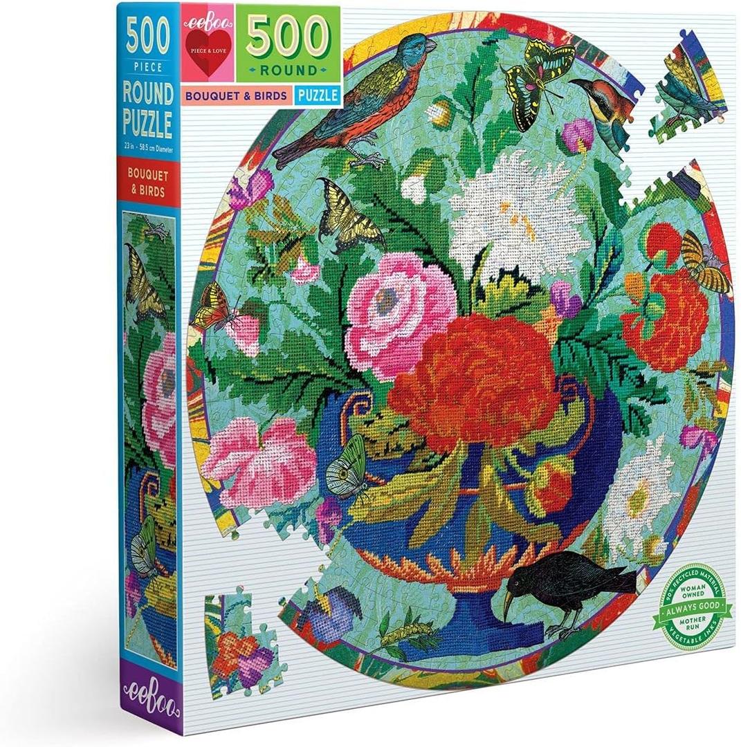 eeBoo: Piece and Love Bouquet and Birds 500 Piece Adult Round Jigsaw Puzzle, Jigsaw Puzzle for Adults and Families, Includes Glossy and Sturdy Pieces