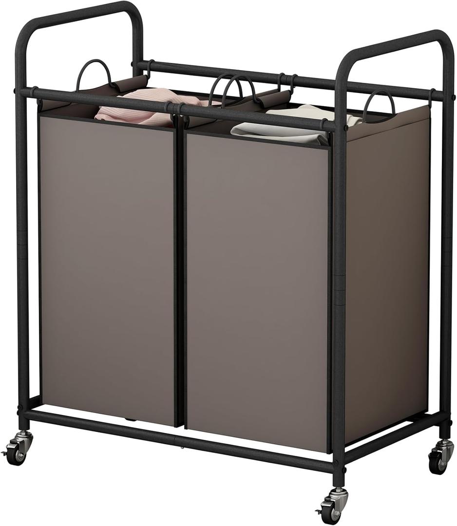 SUOERNUO Laundry Hamper Basket 2 Bag Laundry Sorter Cart with Rolling Lockable Wheels and Removable Bags Laundry Organizer Cart for Clothes Storage, Assorted (Brown)