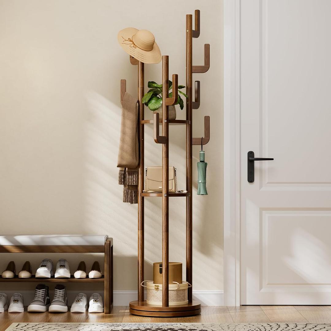 Yoobure Rotary Coat Rack Freestanding - Solid Wood Coat Tree with 9 hooks & 3 Storage Shelves for Purse, Bag, Jacket, Hat, Corner Hanger Stand Racks for Hall, Entryway, Office, Modern Clothes Holder (Walnut)