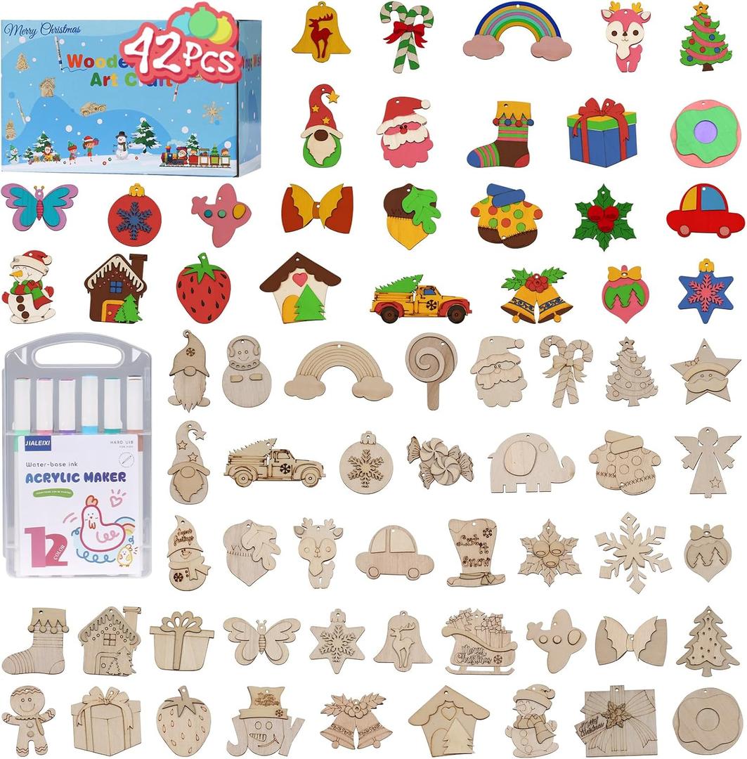 JIALEIXI Wooden DIY Christmas Ornaments, 42PCS Christmas Tree Decorations, Wooden Art Magnets Crafts Painting Kit Hanging Decorations for Home Party Holiday Indoor