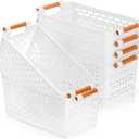 Yesland 6 Pack Plastic Storage Basket, White Organizing Bins Basket with Handles, Sturdy Plastic Closet Baskets Containers for CD, Small Closet Storage in Home Office - 12" x 6" x 5"