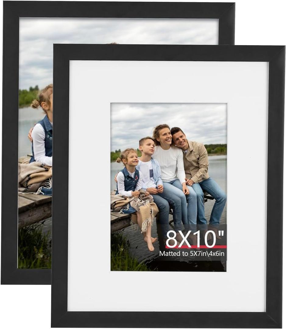 2 Pack 8 x 10 Picture Frame, Table Top Display Pictures 4 x 6 and 5 x 7 with Mat or 8x10 Without Mat Multi Picture Frames Collage, Wall Mounting Gallery Photo Frames Hanging, Black
