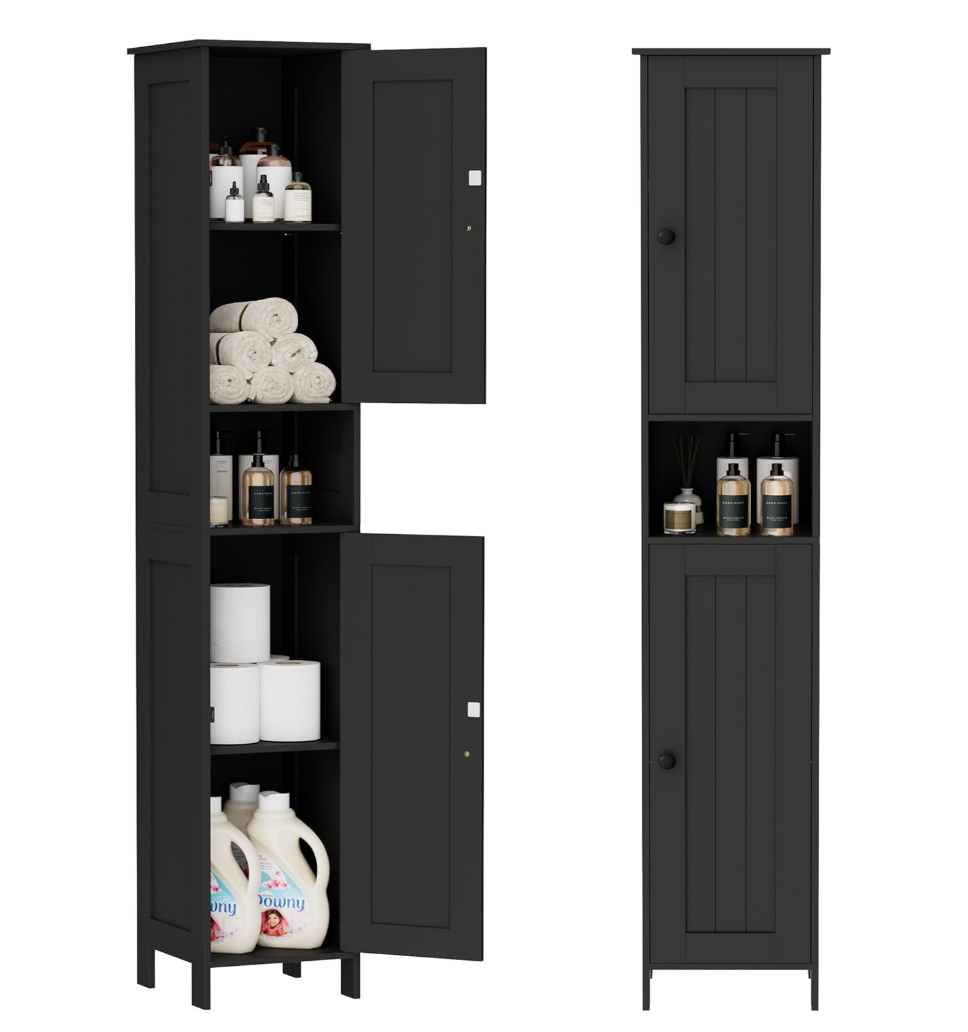 Homleke Tall Bathroom Storage Cabinet with 2 Doors, 67"H Narrow Storage Cabinet with Adjustable Shelves& Anti-Tip Design, Reversible Door Installation, Easy Assembly, 11.8 x 11.8 x 66.9 Inches, Black