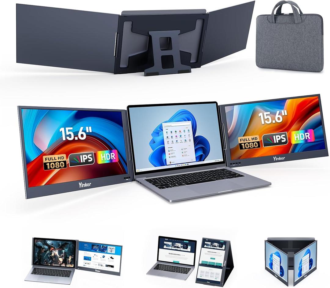 Laptop Screen Extender, 15.6" Triple Portable Monitor, Ultra-Slim 1080P FHD IPS, 360 Rotation, Single USB-C, Compatible with Mac/Windows/Android/PS4 for 11-17" Laptops