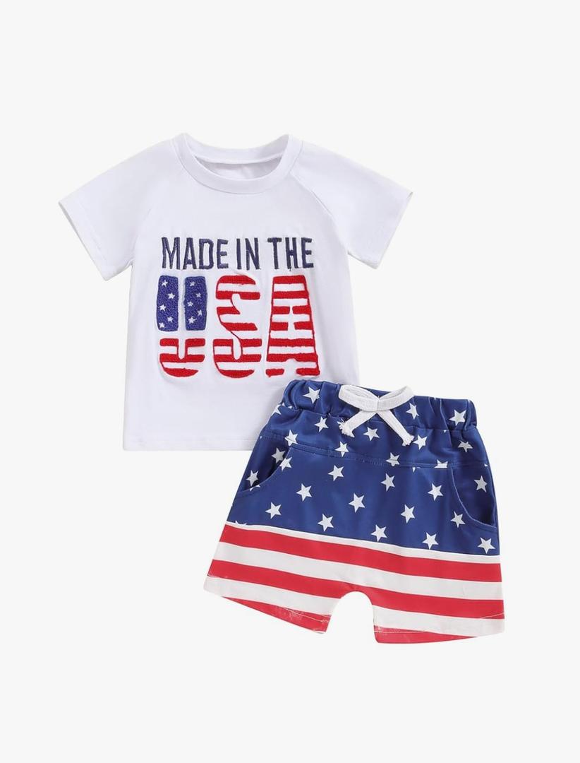 4th of July Baby Boy Outfit Letter Flag Embroidery T-Shirt Top and Shorts Set 2 Piece July Fourth Clothes Set 0-6M