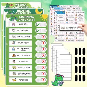 Upgraded Slider 3 in 1 Bedtime/Morning/Weekly Routine Chart for Kids, Magnetic Chore Chart for Kids with 99 Stickers, Cute Visual Schedule for Kid with Autism (Dinosaur-3 Packs)