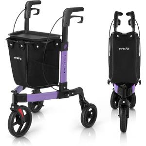 3 Wheel Walkers for Seniors, Foldable Rollator Walker with Tray & Large Storage Bag, 10" Big Wheel for All Terrain, 350 lb Weight Capacity, Purple