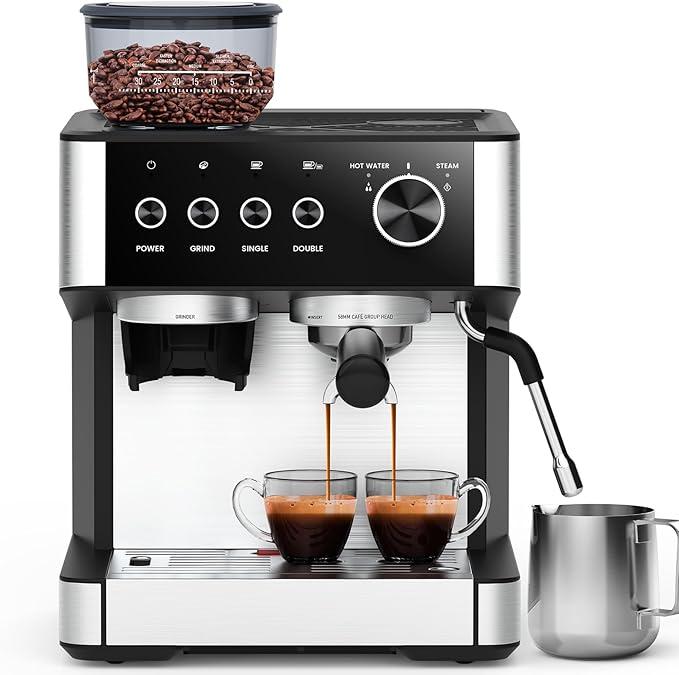 Joy Pebble 15 Bar Espresso Machine with Grinder & Milk Frother, All-in-One Coffee Maker for Home Baristas, 30-Position Grinder, 2.9L Removable Tank,for Cappuccino Latte