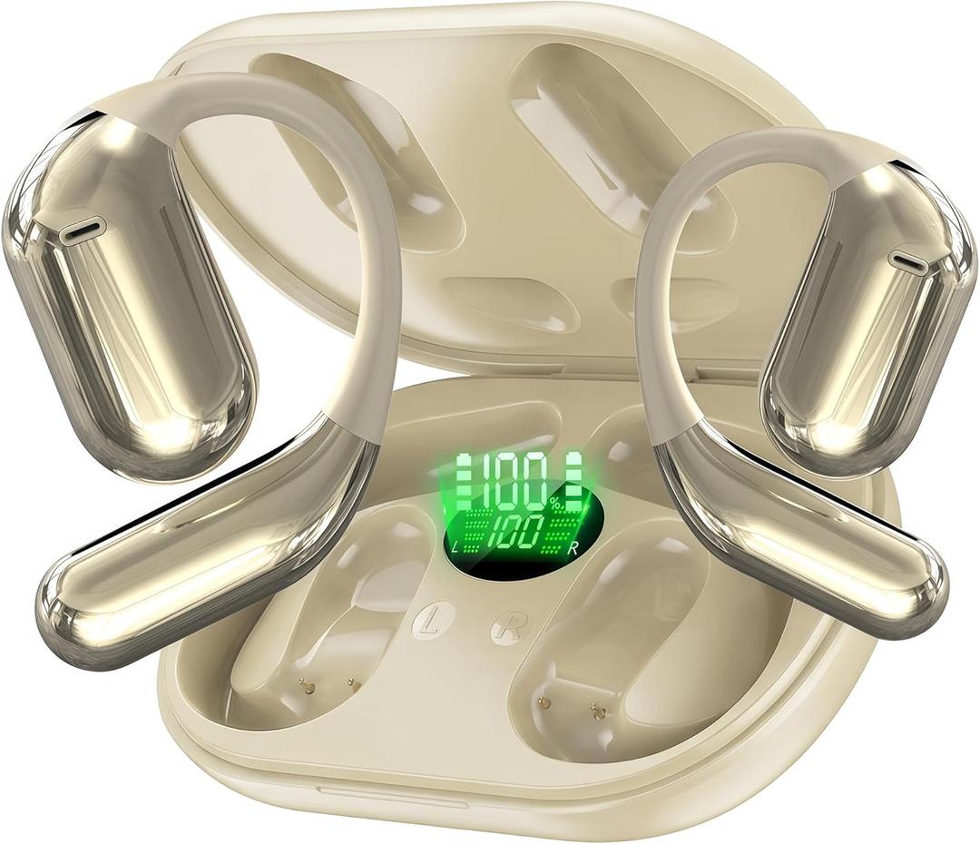 Wireless Open-Ear Bluetooth Earbuds with ENC Noise Cancelling Mic, HiFi Stereo Sound & Deep Bass, IP54 Water-Resistant, 60H Long Battery Life, for Running, Travel, Work & Translation Studies(Cream)