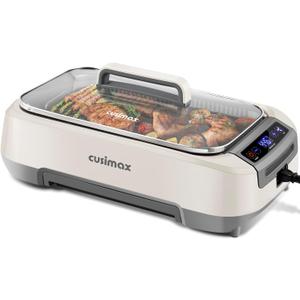 Smokeless Indoor Grill, CUSIMAX Electric Grill, 1500W Korean BBQ Grill with LED Smart Display & Tempered Glass Lid, Non-stick Removable Grill Plate, Turbo Smoke Extractor, White New Model