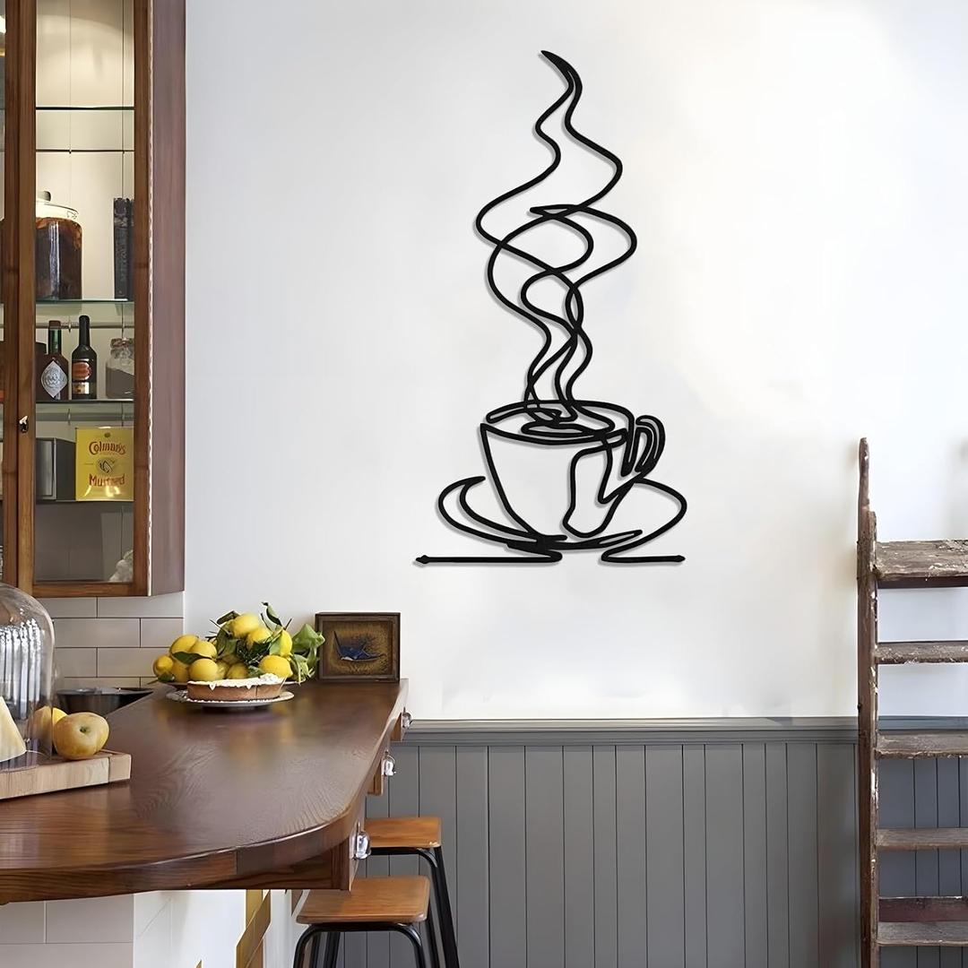 Metal Coffee Wall Art, Metal Coffee Cup Decor, Coffee Bar Sign, Large Coffee Wall Art, Hot Coffee Minimalist Line Art, Coffee Silhouette, Kitchen Wall Decor, Gift for Coffee Lover (Black, 19"x10"/47x25cm)