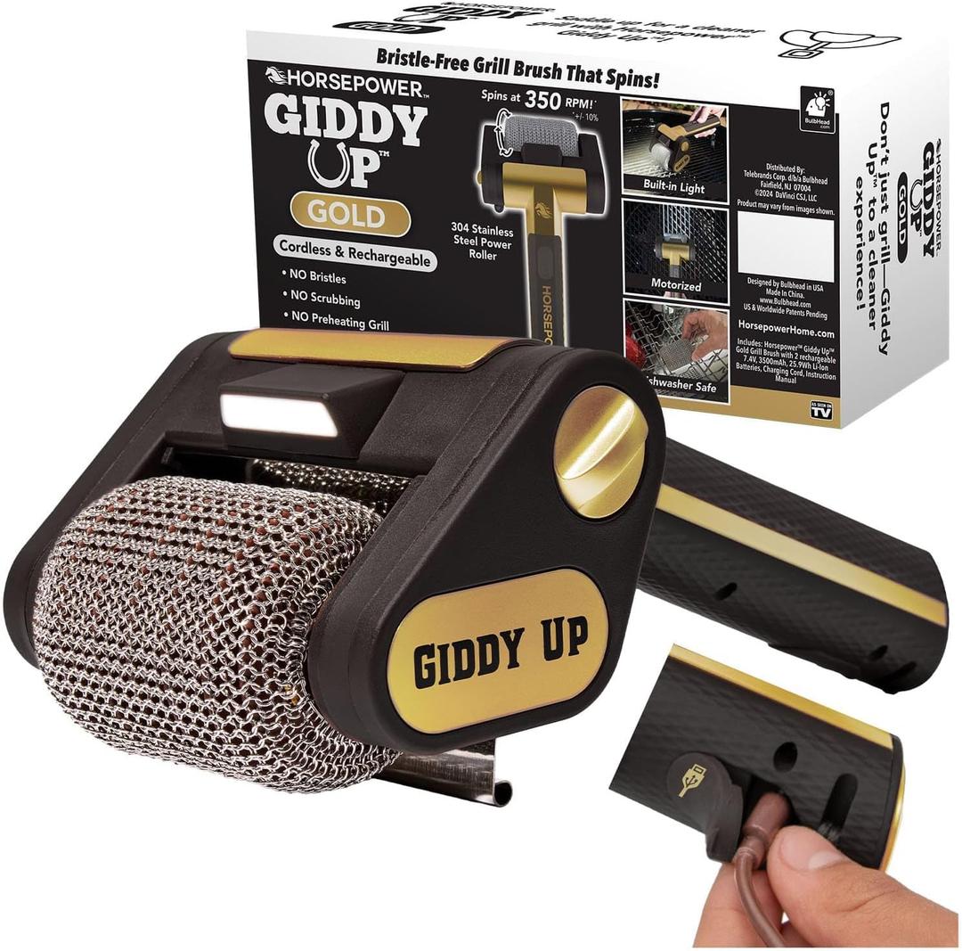 Horsepower Giddy Up GOLD Bristle-Free Spinning Grill Brush w/LED & Longer Run Time, Cordless/Rechargeable, 304 Stainless Steel Power Roller Blasts Away Burnt-On Food, No Bristles No Preheating 350 RPM