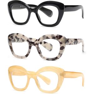 JM 3 Pack Oversized Cat Eye Reading Glasses for Women Funky Blue Light Flexible Cateye Readers