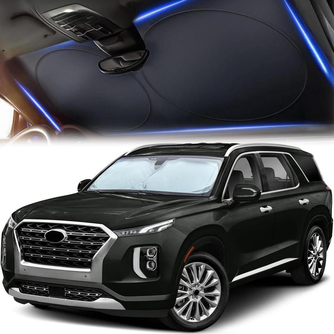 Windshield Sun Shade for Car, SUV & Truck  Patented Design Blocks 99% UV Rays & Heat | 240T Reflective Polyester Sunshade with Storage Bag | Keeps Vehicle Interior Cool | Universal Fit L(64" x 34")