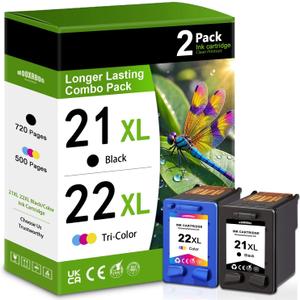 21XL 22XL Ink Cartridges Combo Pack Compatible HP 21 22 Ink Cartridges Replacement for OfficeJet 4315 J3680 DeskJet F2210 F4180 F380 F300 F4140 D1455 3940 PSC 1410 (2-Pack, Black/Tri-Color)