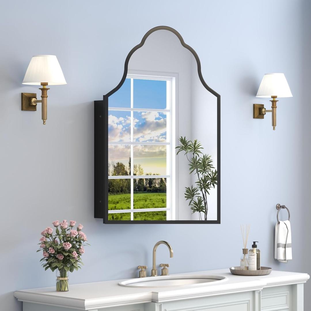 20"x32" Irregular Medicine Cabinet with Mirror, Recessed or Surface Mount Black Arched Medicine Cabinet for Bathroom, Artistic Decorative Mirror with Storage, Full Metal, Easy Installation