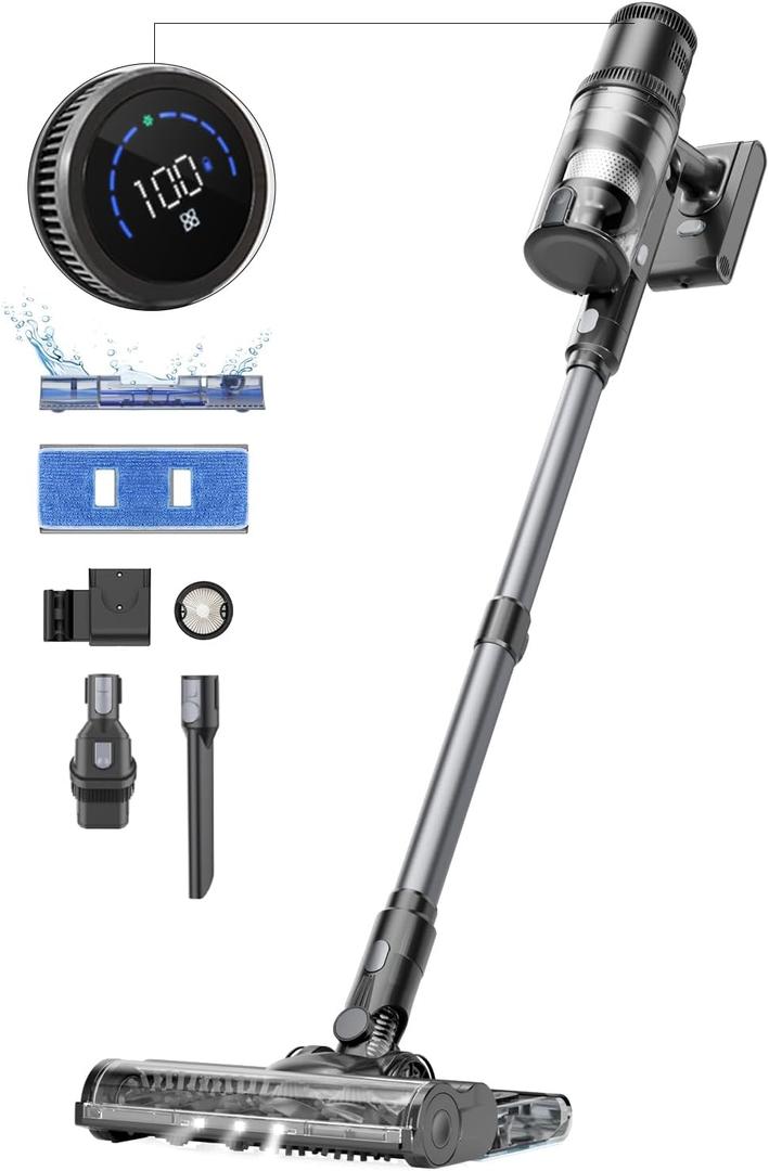 Proscenic Cordless Vacuum Cleaner,45Kpa 55Mins P11 Mopping Wet Dry Vacuum and Mop Combo All in one, Lightweight Stick Vacuum with LED Display, Long Runtime Ease of use for All Floors Pet Hair Carpet (Gray)